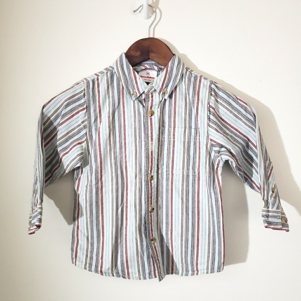 Hanna Andersson Striped Chambray Button Down Shirt Blue Red Gray Boys Size 6